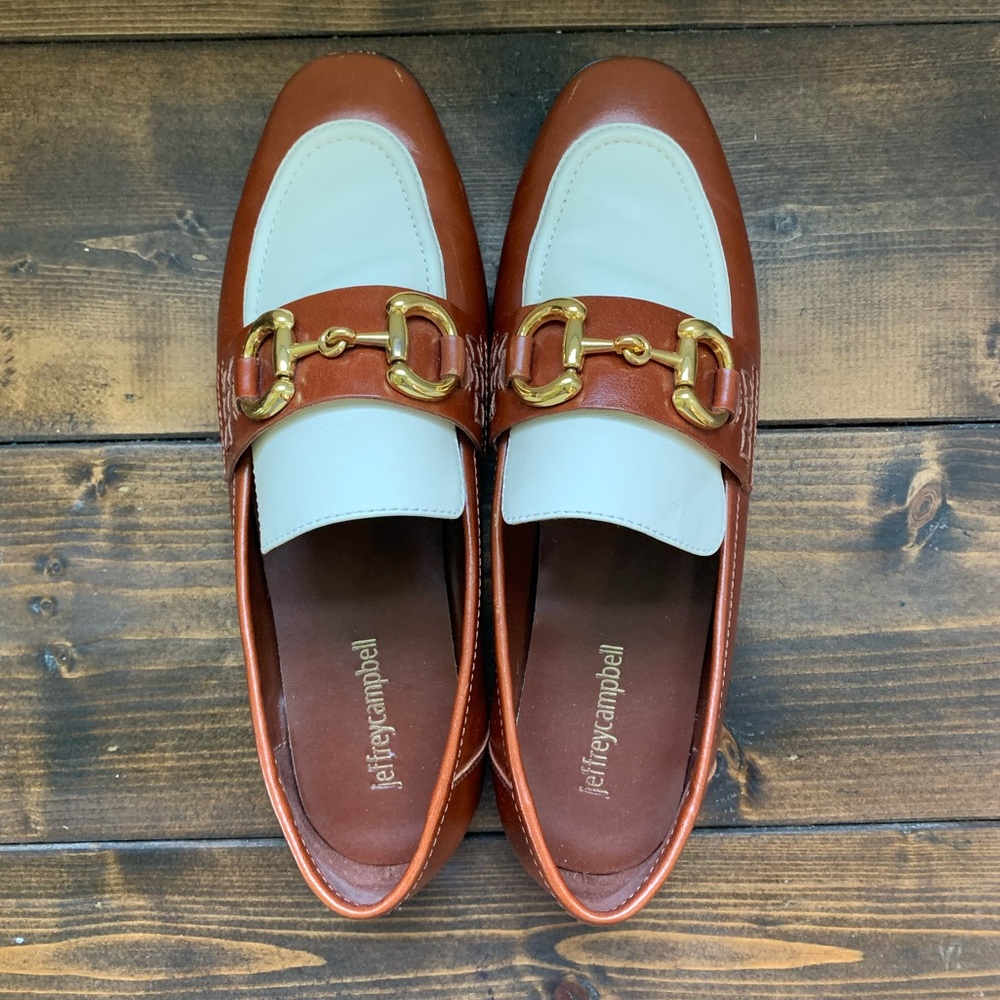 Jeffrey Campbell Velviteen two tone leather horse bit loafers 8.5